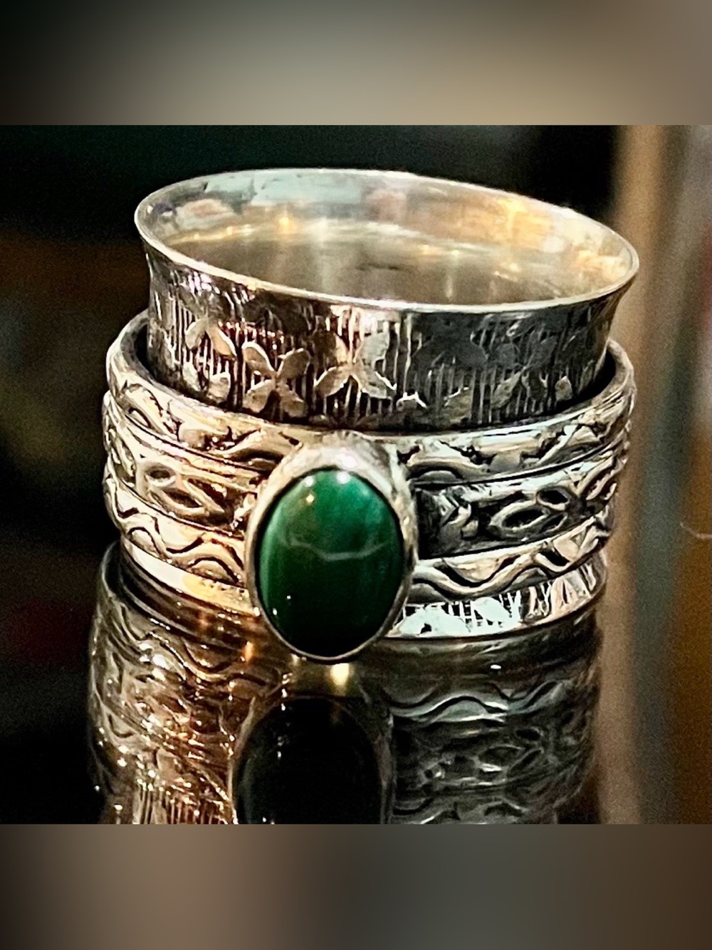 Handcrafted Silver Ring with Green Stone - Women Jewelry - Sz 6